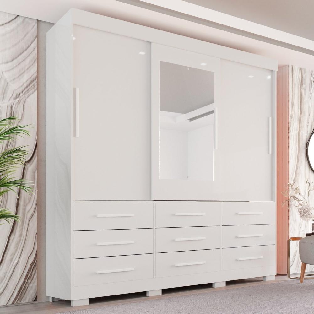 Miniatura Guarda-roupa com Pés e Espelho Casal 3 Portas 9 Gavetas Luana Branco