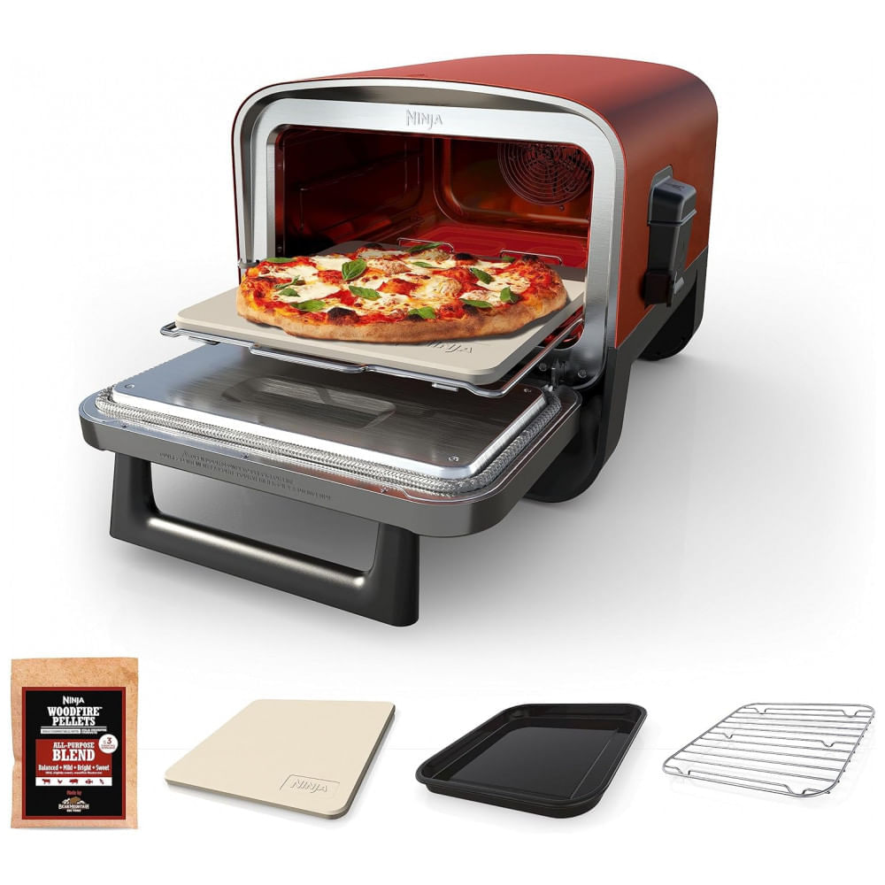 Miniatura Forno Elétrico Portátil Externo para Pizza 8 em 1 de Alta Temperatura 110V 1760W, Ninja OO101 Woodfire, Vermelho