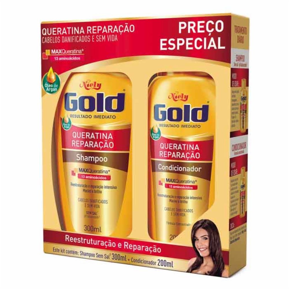 Miniatura Kit Niely Gold Queratina Reparação Shampoo 300ml + Condicionador 200ml
