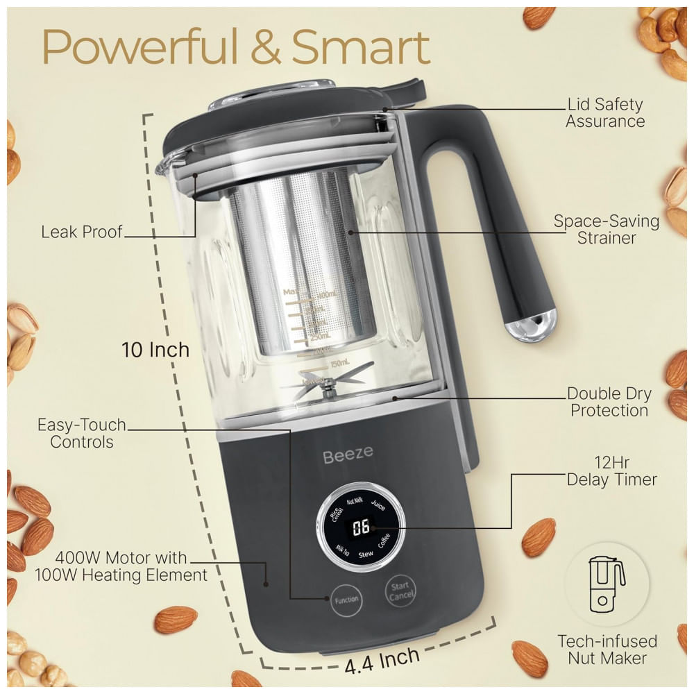 Miniatura Máquina de Leite Vegetal 400mL com Temporizador de Atraso, Filtro Integrado e Sensor de Tampa, Beeze, Cinza