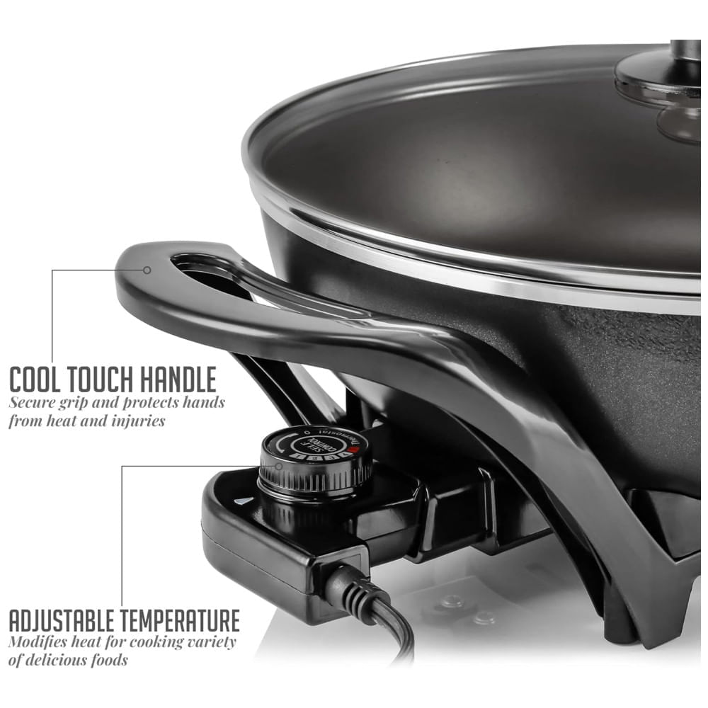 Miniatura Panela Wok Elétrico OVENTE 33cm com Revestimento Antiaderente, Ideal para Família, 1400W de Potência, Controle de Temperatura, Tampa de Vidro, Prático