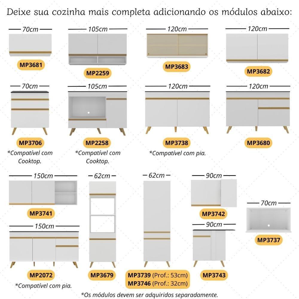 Armário De Cozinha Modulada Compacta 225cm Com Balcão Para Cooktop Veneza Multimóveis Mp2263 Branco/dourado