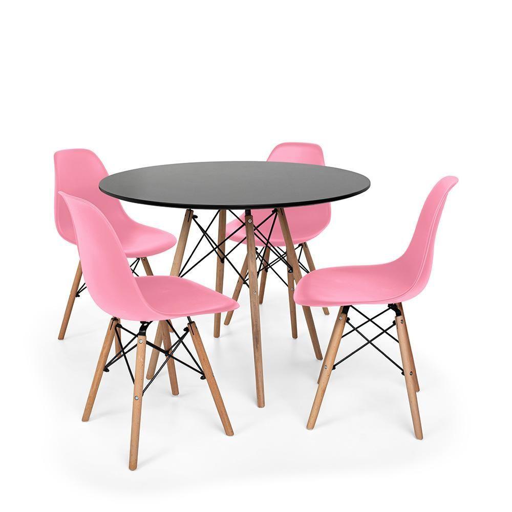 Miniatura Conjunto Mesa De Jantar Redonda Solo Preta 90cm Com 4 Cadeiras Solo - Rosa