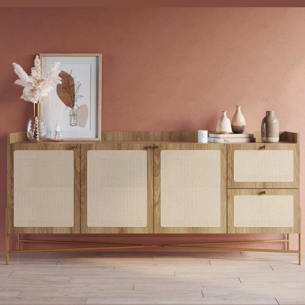 Miniatura Buffet Aparador 3 Portas 2 Gavetas Palhinha Pé Metal Dourado Oslo Artesano Hanover/Dourado