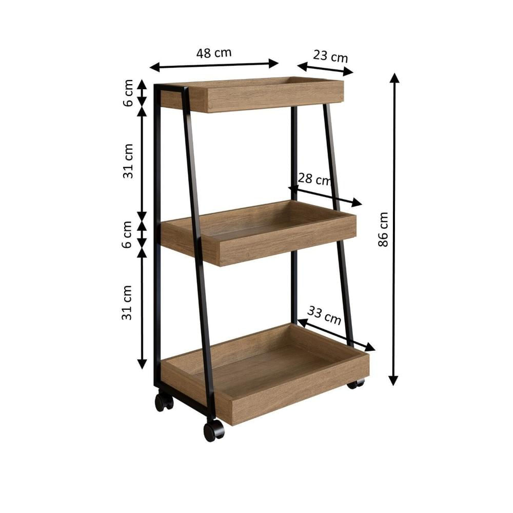 Miniatura Carinho Organizador Multiuso com 3 Prateleiras e Rodizios Preto/Mel