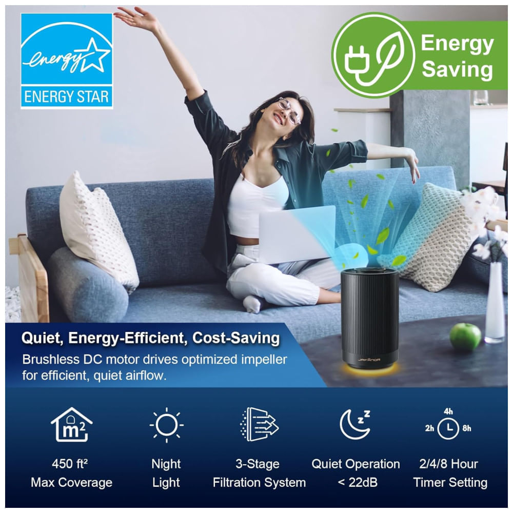 Purificador de Ar Portátil, para Ambientes até 40m² com Filtro H13 HEPA, Luz Noturna e 3 Velocidades, 110V 10W, Jafnda JF100, Preto 110v