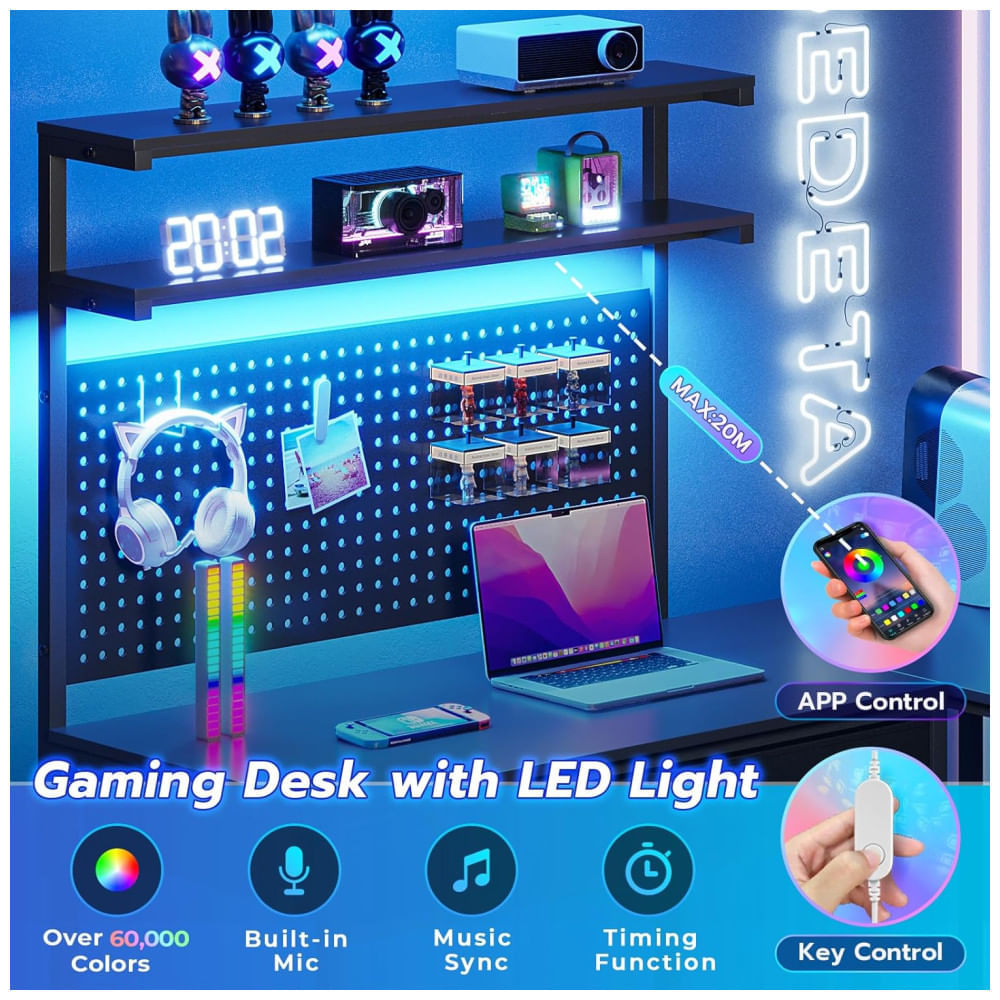 Miniatura Mesa Gamer em Formato de L com Luz LED, Suporte para Monitor, Prateleiras de Armazenamento, Tomadas, Painel Perfurado e Gavetas, 110V, SEDETA, Preto 110v