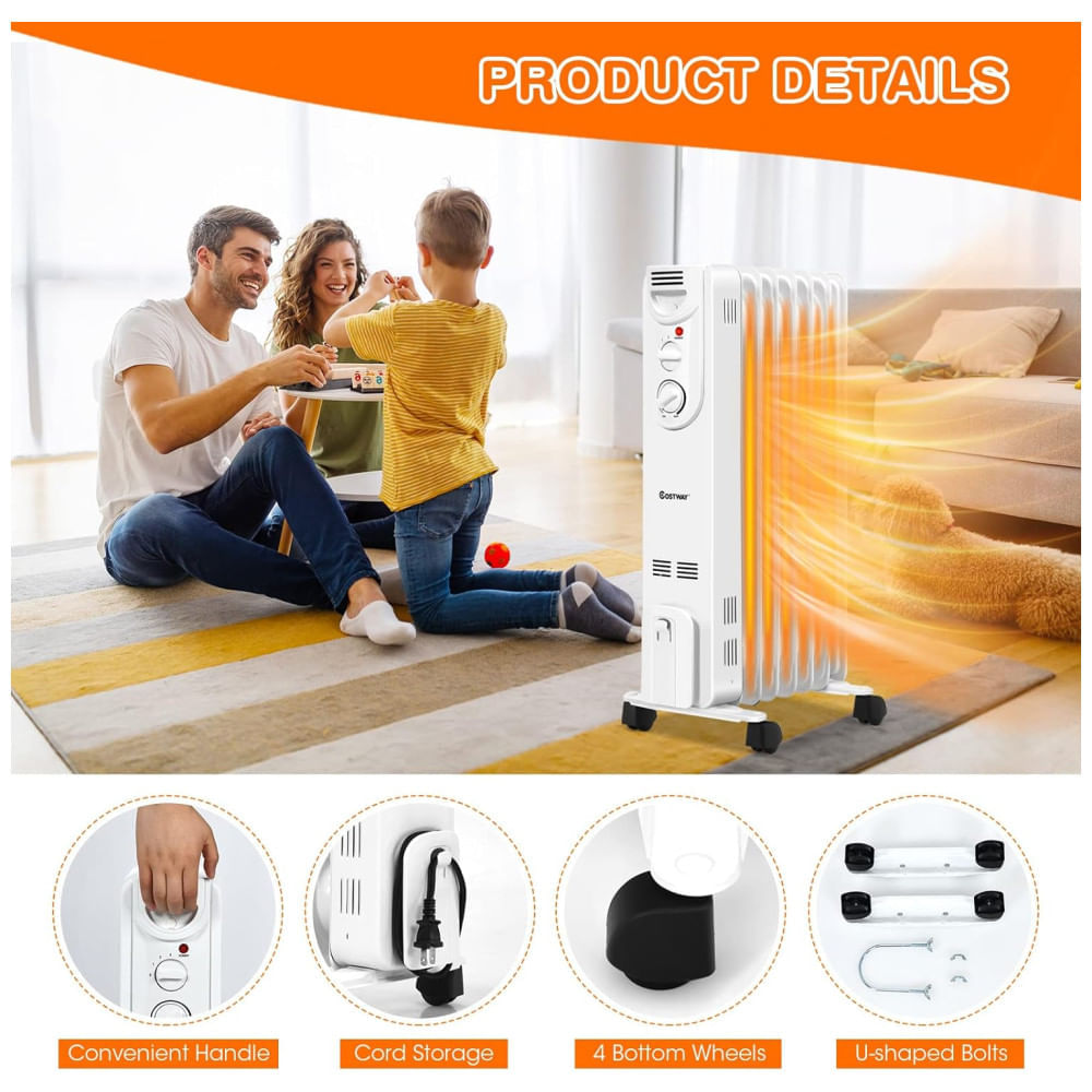 Aquecedor Elétrico a Óleo Portátil com 3 Opções de Aquecimento, Proteção Contra Superaquecimento e Tombamento, 110V 1500W,...