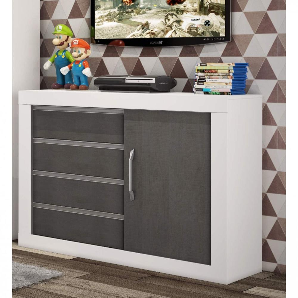 Miniatura Cômoda 1 Porta de Correr 4 Gavetas Móveis Percasa Branco/Carvalho