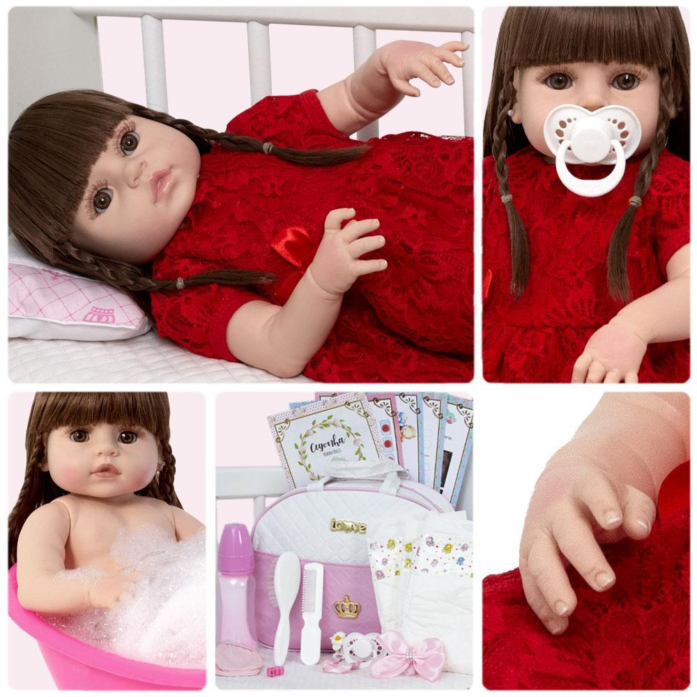 Miniatura Boneca Reborn Realista Cabelo Castanho Enxoval Bolsa Itens