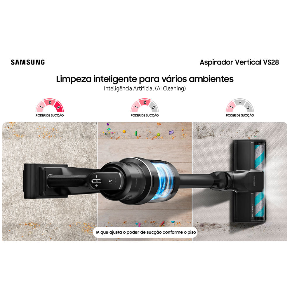 Miniatura Aspirador de Pó Samsung Vertical sem fio Bespoke Jet com AI Cleaning e Clean Station 110