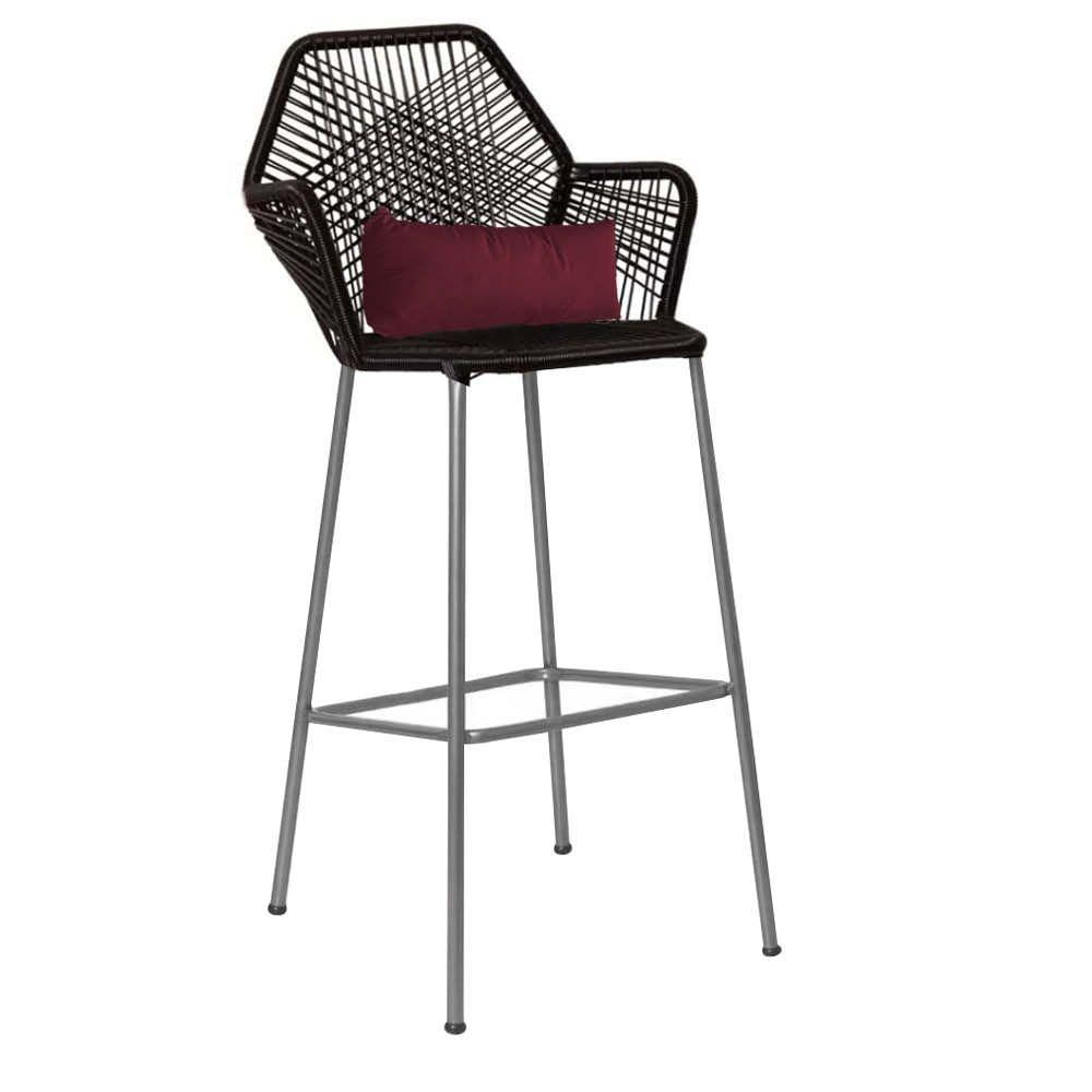 Miniatura Banqueta Alta Com Encosto Ferro Prata Fibra Preto Almofada Bordô