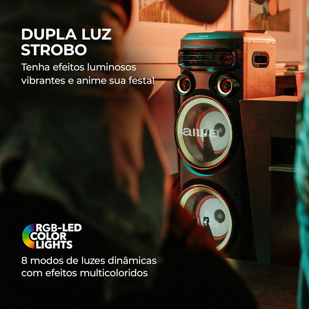 Torre de Som 2200W RMS 2 Woofers 10 USB Rádio FM AWS-T2W-01 Aiwa 04893-24-16647 - Preto - Bivolt