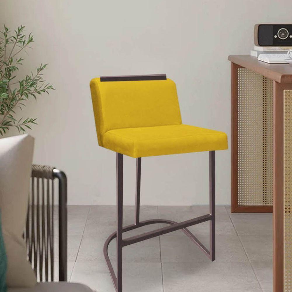 Miniatura Banqueta Com Encosto Nynna Luxo Confort Bistrô Cozinha Ferro Marrom Suede Amarelo - Amey Decor