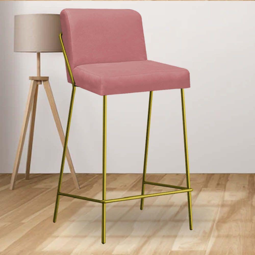 Miniatura Banqueta Alta Com Encosto Drika Industrial Cozinha Bistrô Ferro Dourado Suede Rose Gold