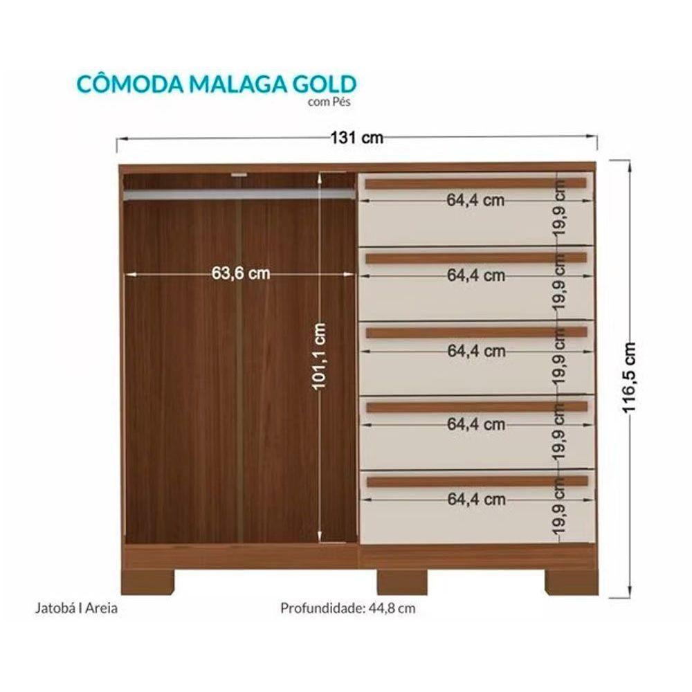 Cômoda Juvenil Málaga Gold 2 Portas E 5 Gavetas C- Pés Jatoba-areia - Santos Andirá