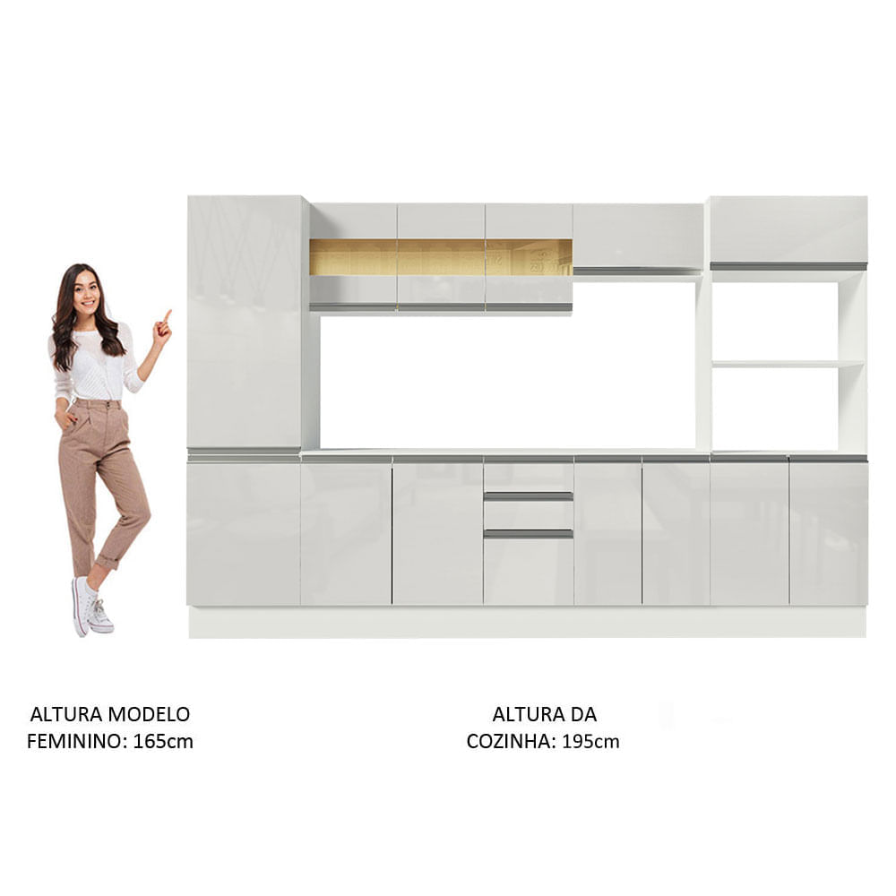 Miniatura Cozinha Completa 100% MDF Madesa Smart 300 cm Modulada Com Armário, Balcão e Tampo Frentes Branco Brilho Cor:Branco