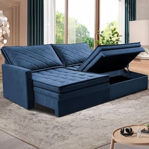 Miniatura Sofá 3 Lugares Cama inBox Marselha com 180 cm de Largura, Retrátil, com Baú e Revestimento Suede Velusoft Azul