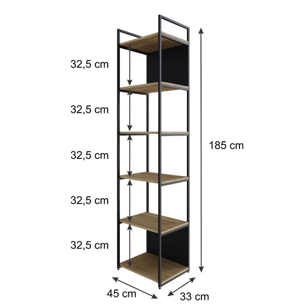 Miniatura Estante Alta com 6 Prateleiras 185x45x33cm com Fundo Yon Vermont/Preto