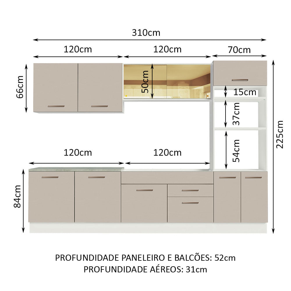 Armário de Cozinha Completa 310 cm Branco/Crema Agata Madesa 01 Cor:Branco/Crema