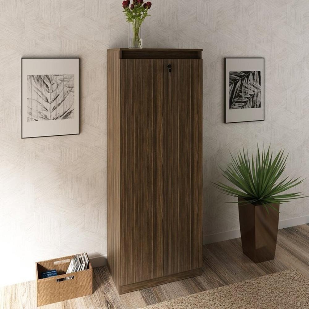 Miniatura Kit 2 Peças Armário Escritório com 2 Portas com Chave, Balcão para Escritório com Chave e 2 Portas Nogal