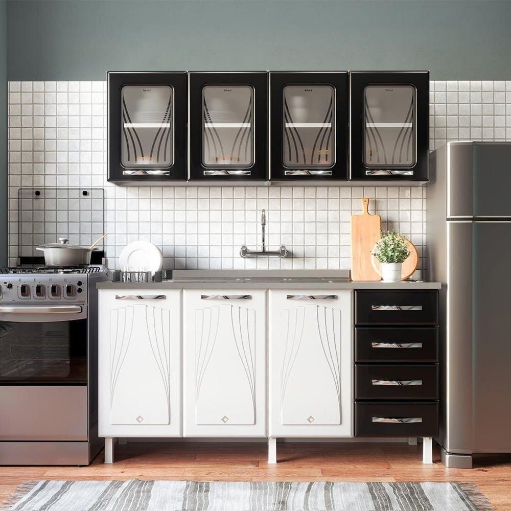 Miniatura Armário de Cozinha de Aço 2 Peças com Vidro e Balcão para Pia Star New Branco/Preto