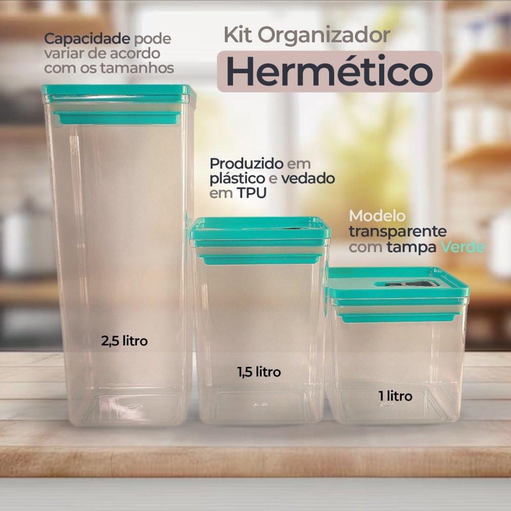 Kit 3 Potes Organizador Alimentos Hermético Verde 5 Litros