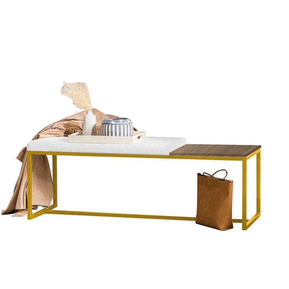 Miniatura Banco Recamier Puff London 195cm Industrial Dourado Corino Branco Tampo Quadrado Mdf Caramelo