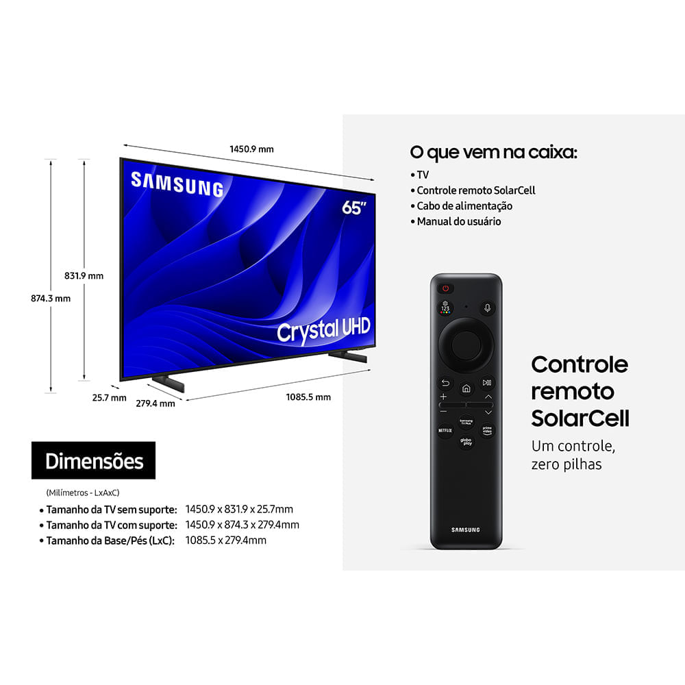 Miniatura Smart TV Samsung 65" Polegadas Crystal UHD 4K 65DU8000 2024, Painel Dynamic Crystal Color e Gaming Hub Bivolt