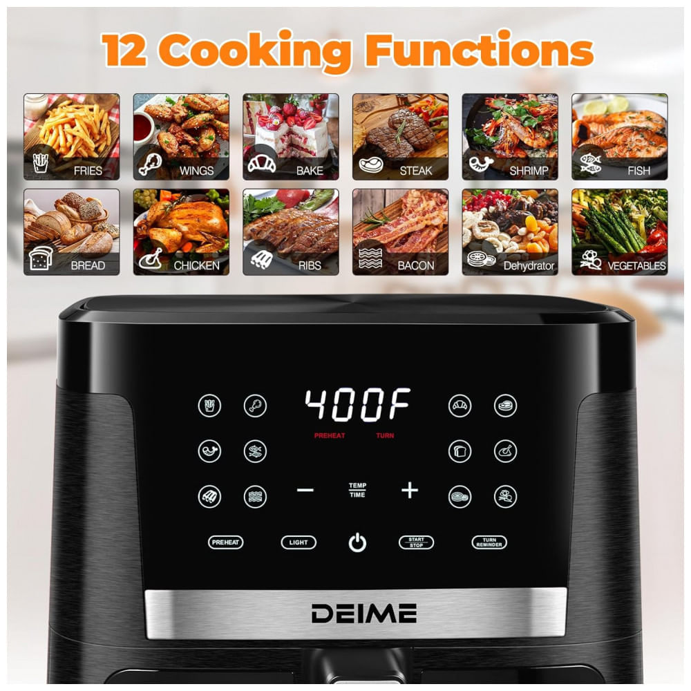 Miniatura Fritadeira Elétrica Air Fryer 7 Litros com 12 Predefinições e Tela LCD Digital, 110V 1700W, Deime, Preta