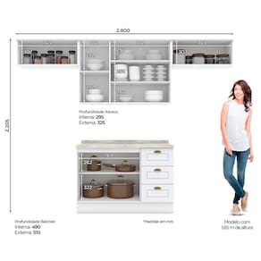 Cozinha Completa Henn Americana com 7 Portas, 3 Gavetas e 280 cm de Largura - Branco/Calcare BP