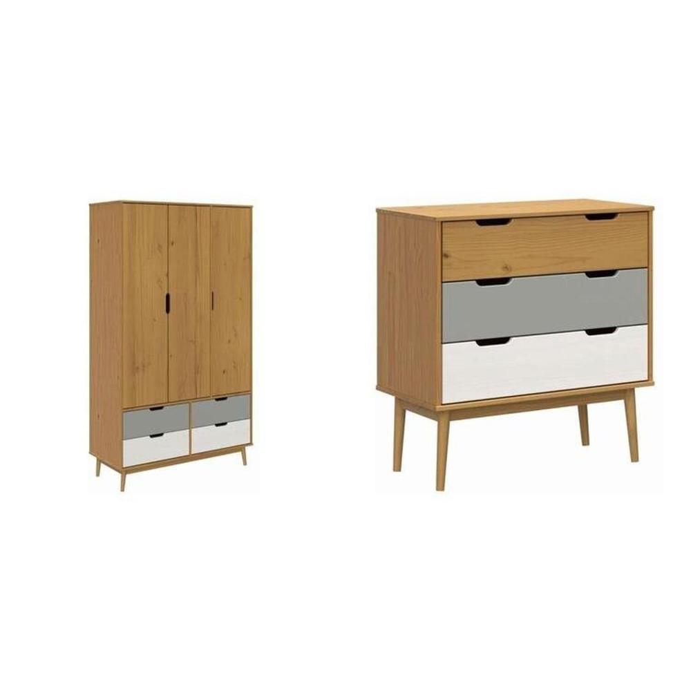 Miniatura Conjunto Quarto em Madeira Maciça Guarda-Roupa 3 Portas e Cômoda 3 Gavetas Nórdica Yescasa Roble/Cinza/Branco