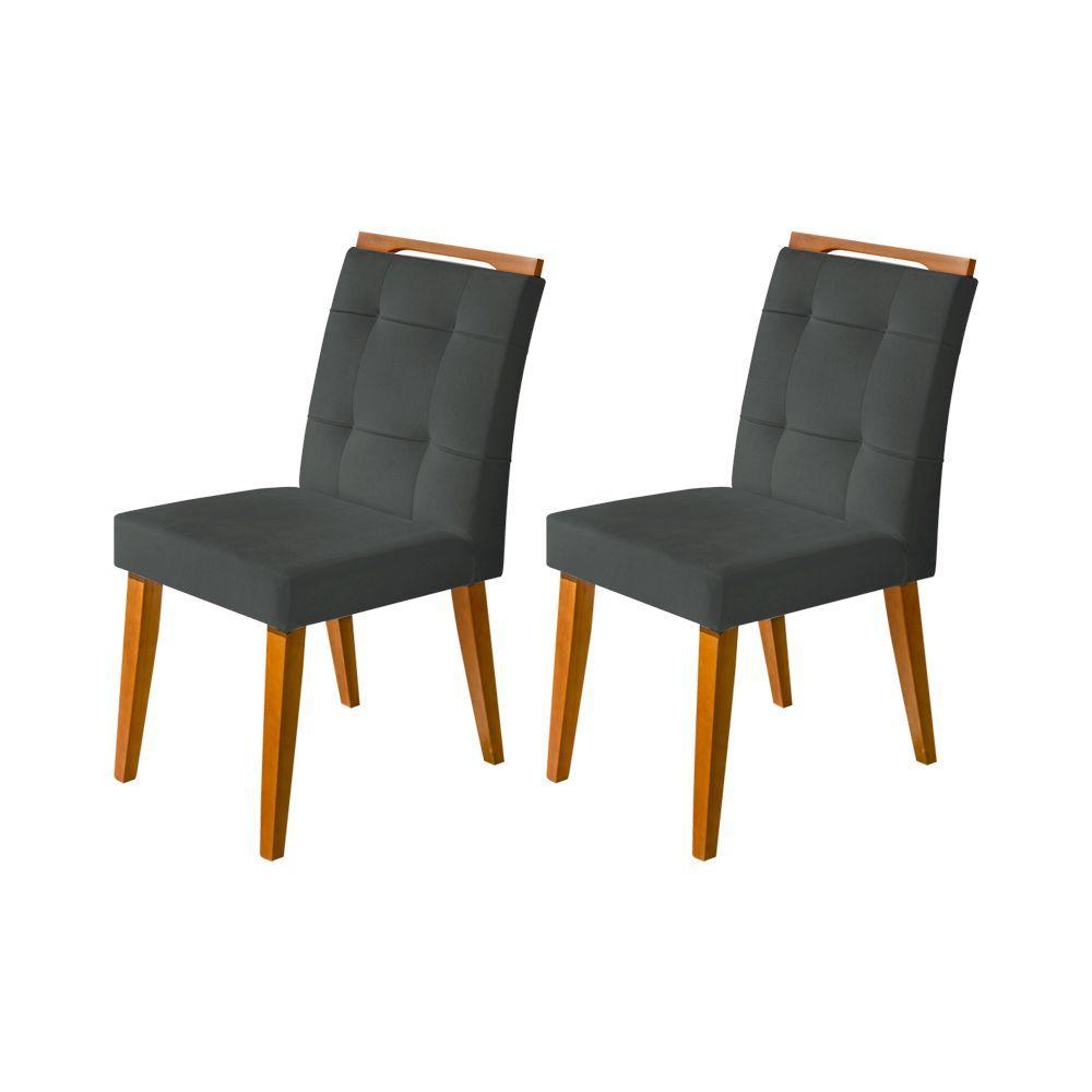 Miniatura Kit 2 Cadeiras Jantar Agatá Estofadas Linho Chumbo Com Alça Madeira Maciça Mel - Cor: Cinza