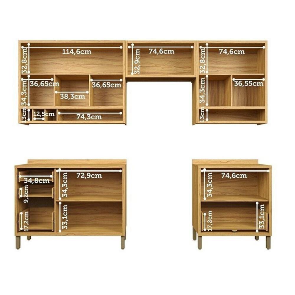 Miniatura Cozinha Modulada Completa 5 Peças 8 Portas e Vidro Reflecta 280cm 100% Mdf Vicenza Espresso Móveis Amêndoa/Branco