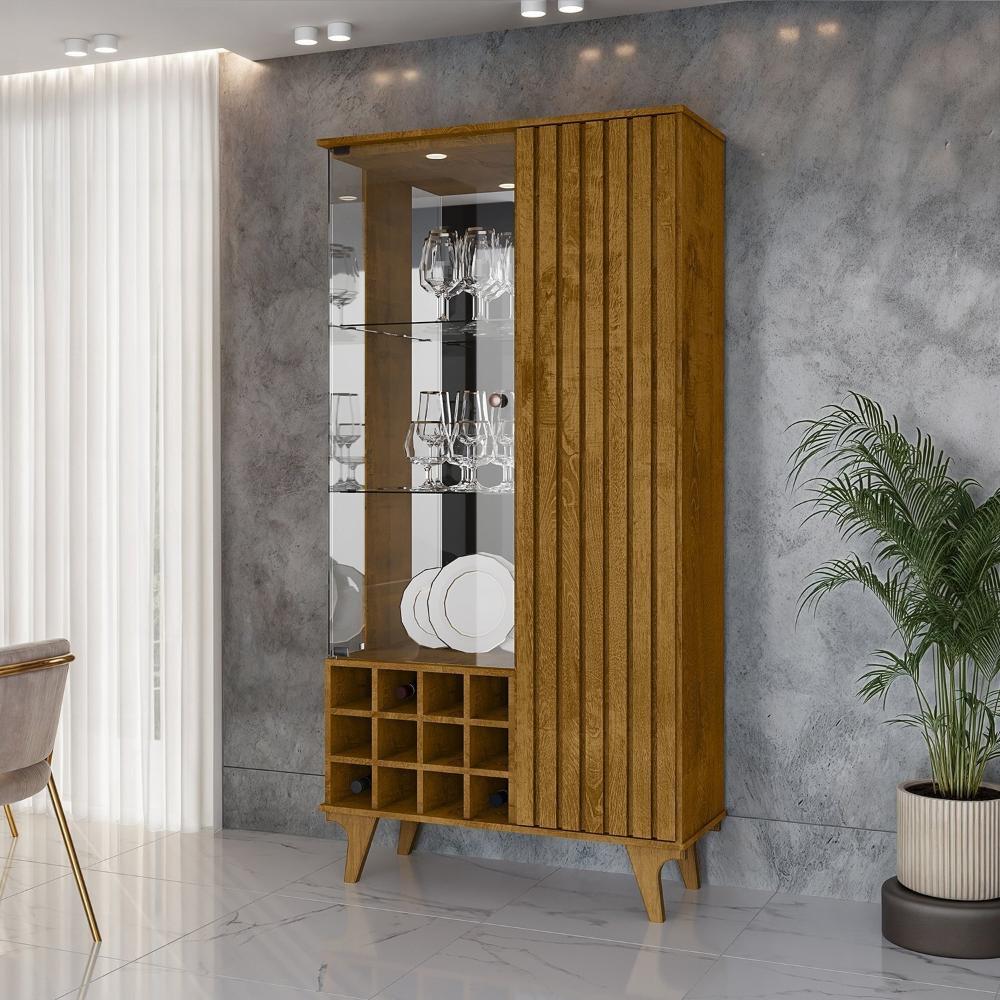 Miniatura Cristaleira Elba Ripado Real Portas de Vidro Pés de Madeira Maciça 12 Nichos Garrafeiros Naturalle