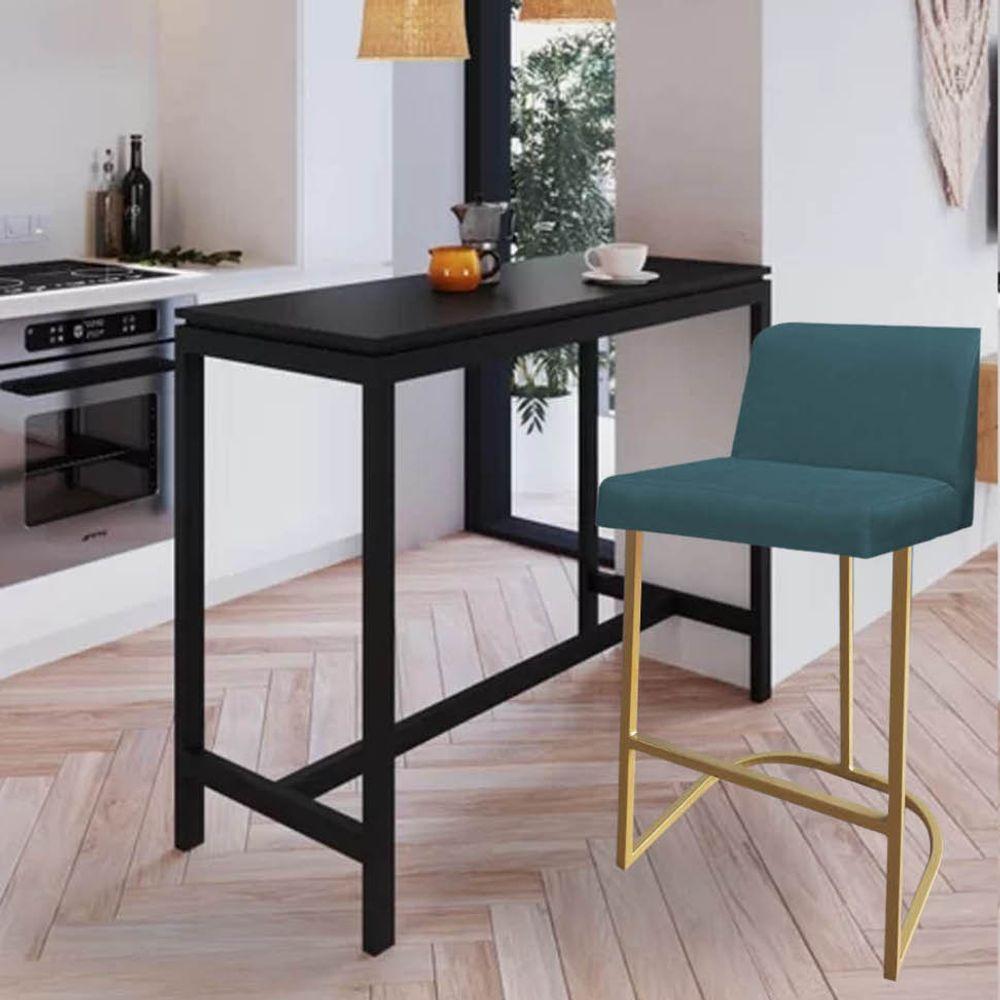 Miniatura Banqueta Com Encosto Confort Bistrô Cozinha Ferro Dourado Suede Azul Turquesa - Amey Decor