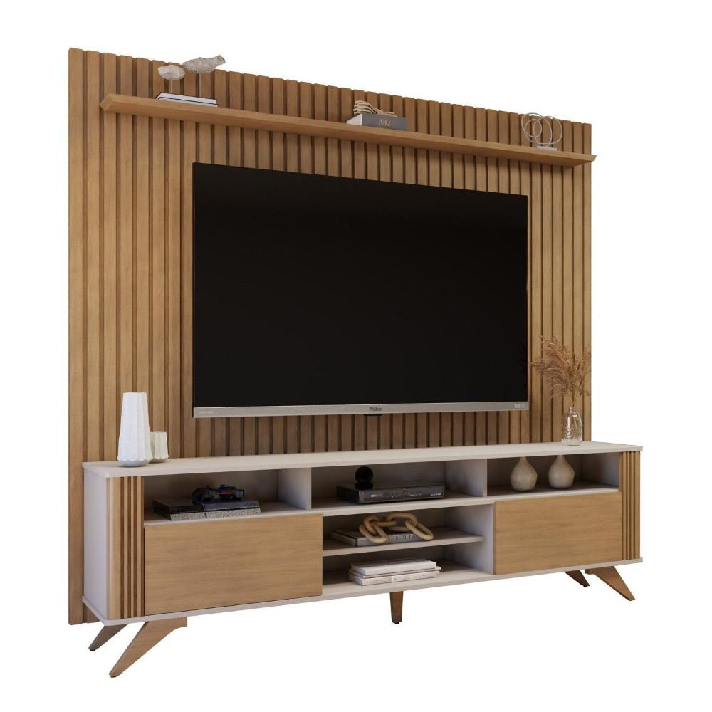 Miniatura Rack Bancada Mariana Pés Madeira Maciça com Painel Vitória para TV até 65 Polegadas Off White/Cinamomo