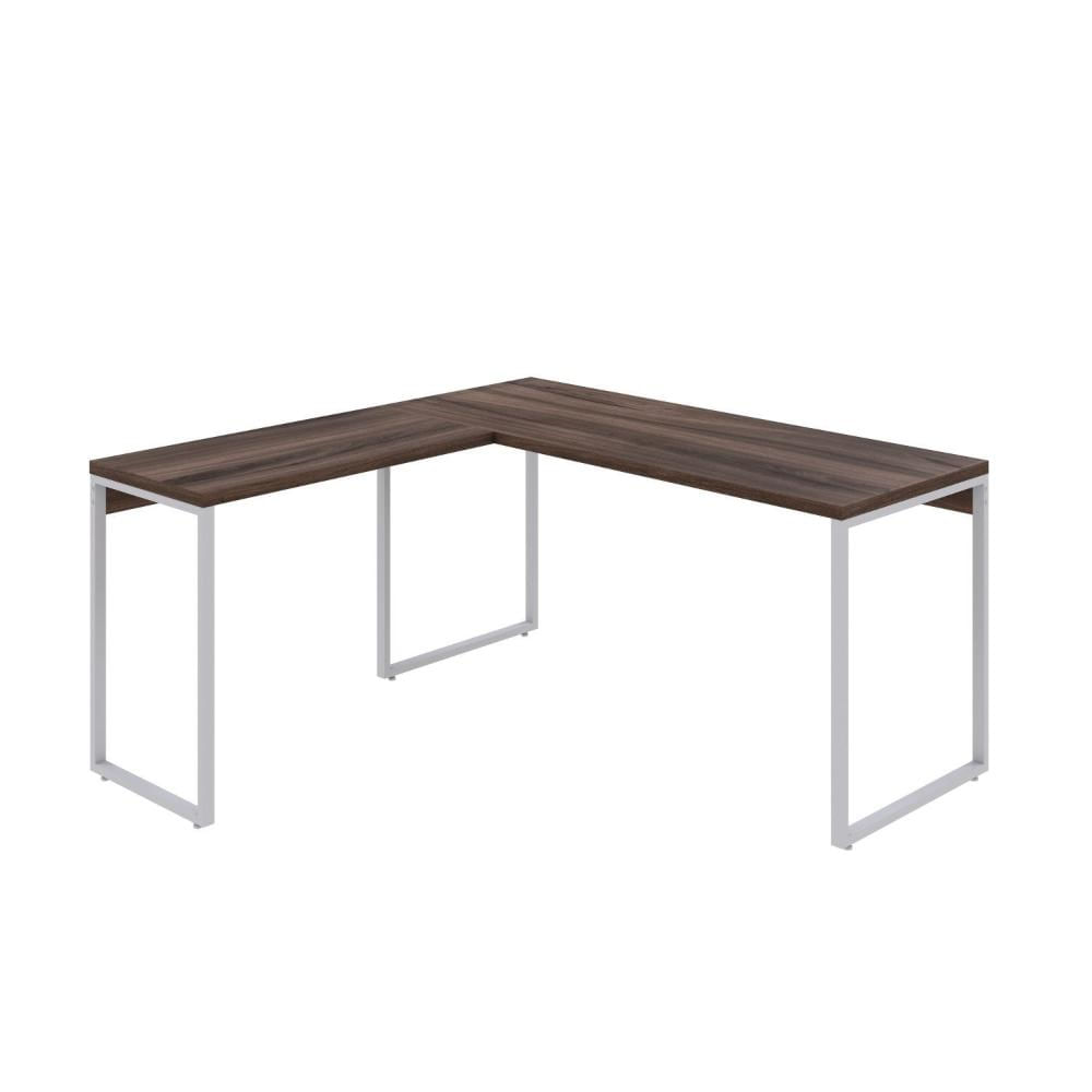 Miniatura Mesa de Escritório em L Estilo Industrial 150x150cm Kuadra Nogal / Est.Branca