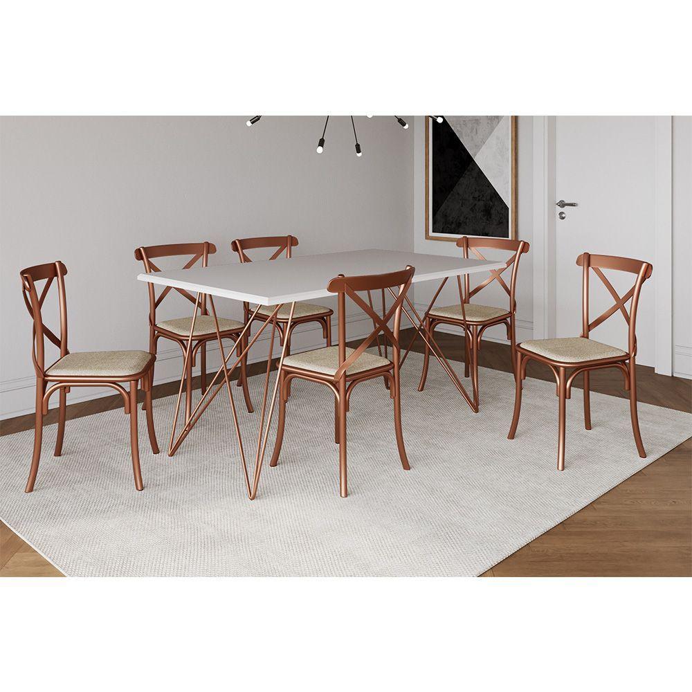 Miniatura Conjunto Mesa De Jantar 6 Cadeiras Katrina Cobre Trama Premium Cobre E Branco 150 Cm - Cor: Marrom