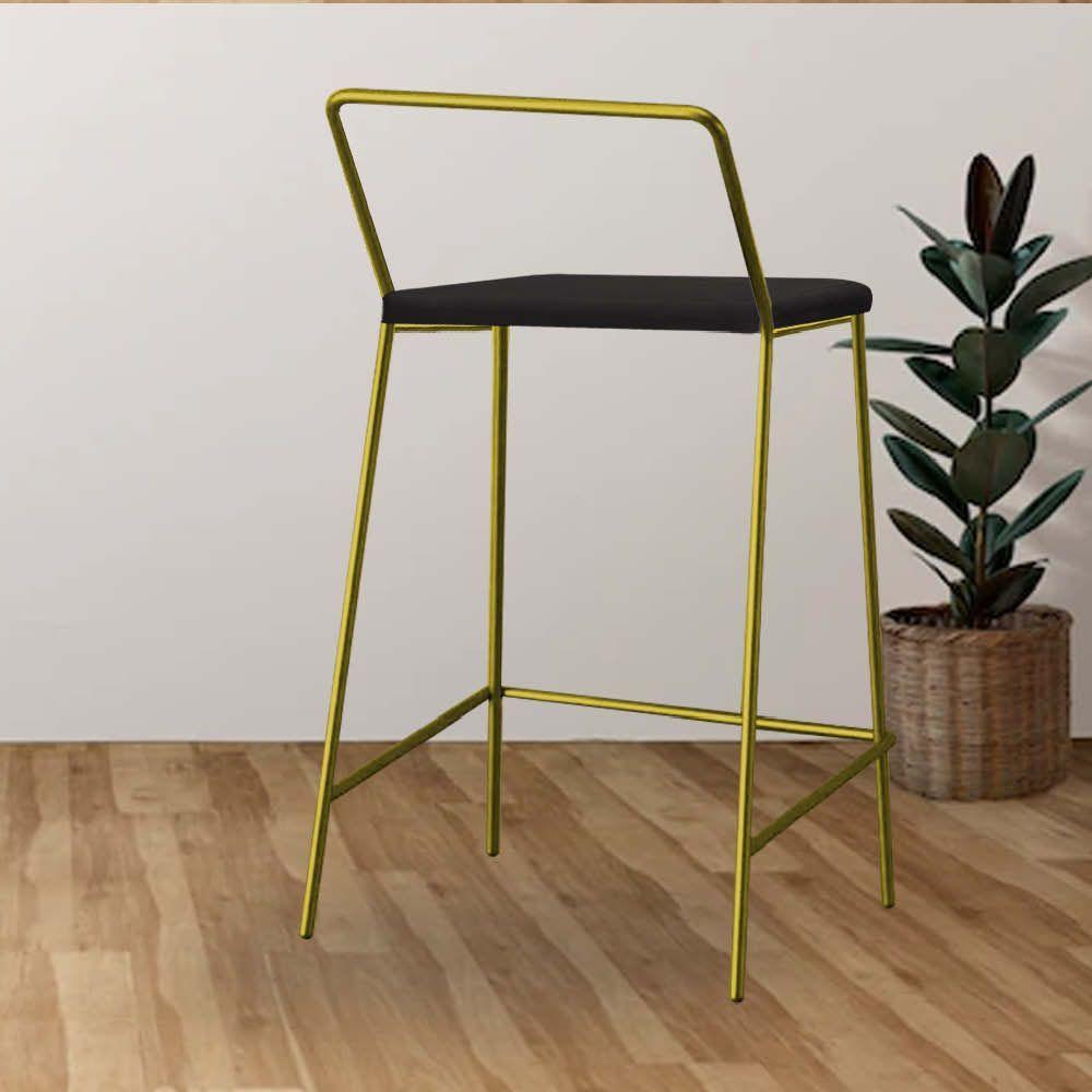 Miniatura Banqueta Alta Com Encosto Mili Industrial Cozinha Bistrô Ferro Dourado Corino Cinza