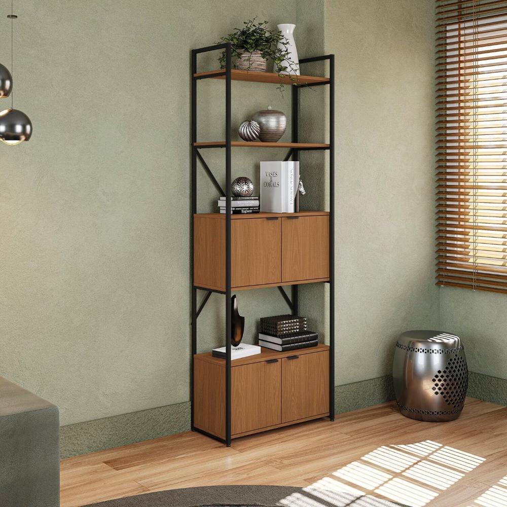 Miniatura Estante Alta para Livros com 4 Portas Industrial Canela/Preto Fosco