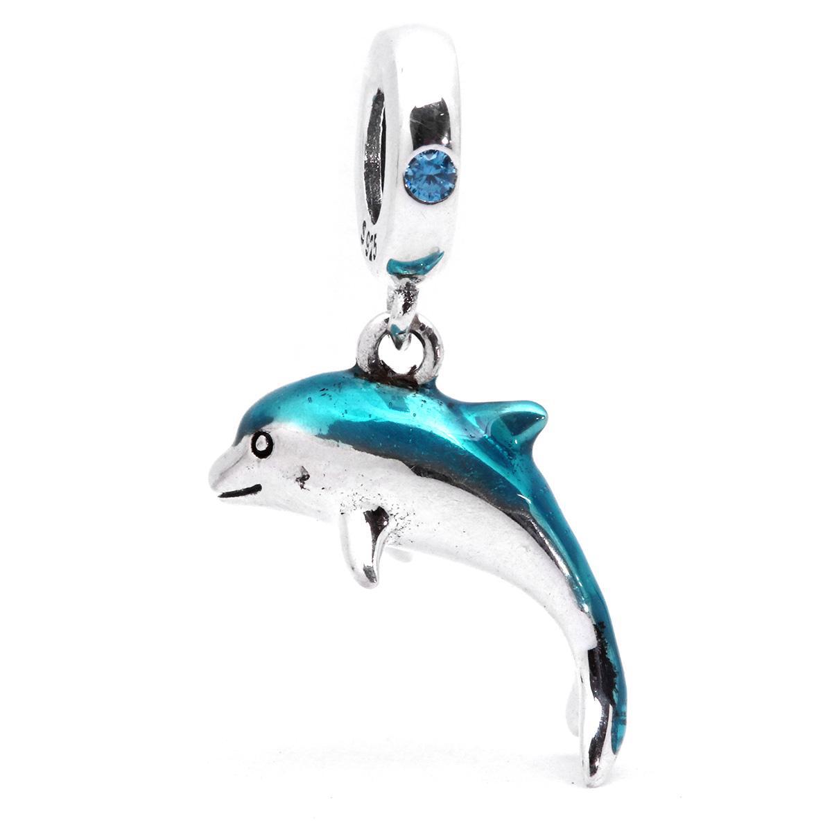 Miniatura Pingente Golfinho - Prata 925 e Zircônia - Azul - 25x16mm