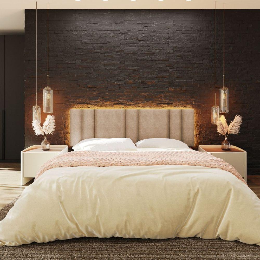 Miniatura Cabeceira Estofada Iluminação Led Cama Casal King Size 200 Cm Cor:buclé Bege