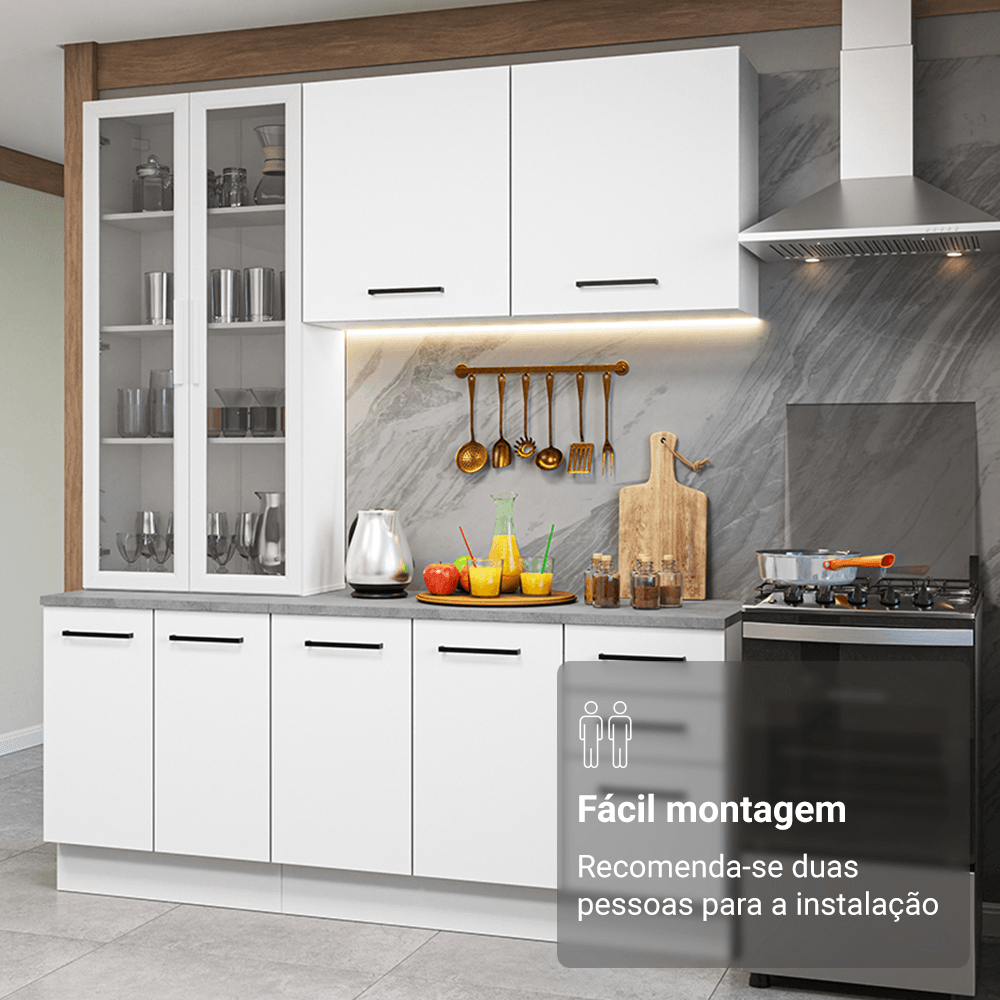 Armário de Cozinha Completa 190cm com Cristaleira Branco Agata Madesa 01 Cor:Branco