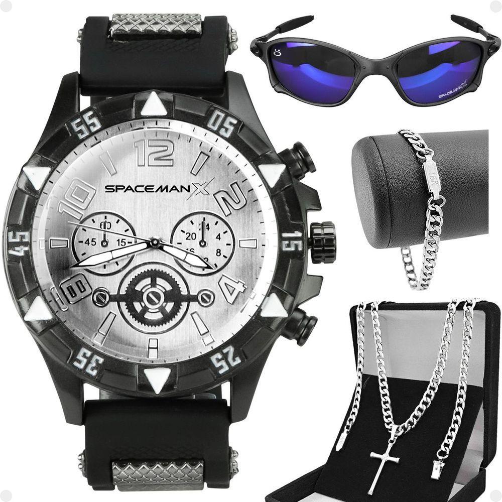 Miniatura Relogio Aço Inox Masculino + Pulseira + Oculos Sol + Cordão Qualidade Premium Social Silicone Casual