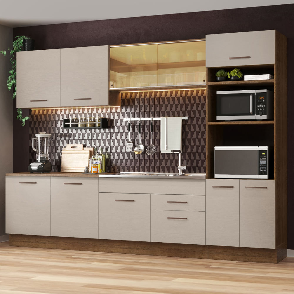 Miniatura Armário de Cozinha Completa 310 cm Rustic/Crema Agata Madesa 01 Cor:Rustic/Crema