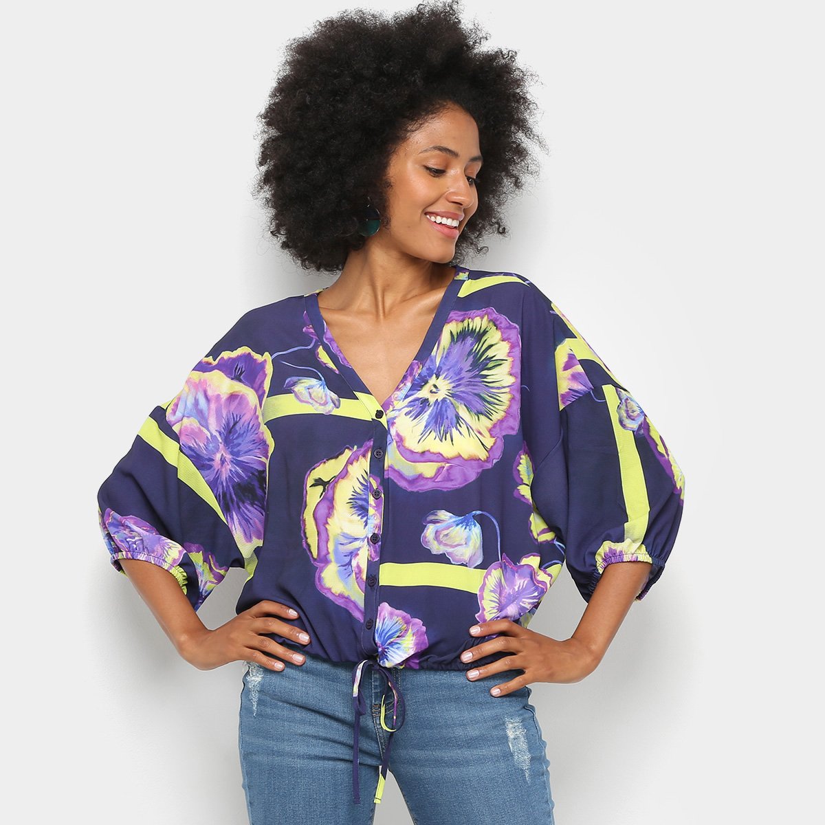 Miniatura Camisa Sommer Estampada Feminina Azul+Pink - 36