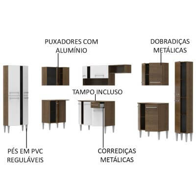 Miniatura Cozinha Completa de Canto Reto Madesa Emilly Live com Armário e Balcão 17 Portas 1 Gaveta Rustic/Branco Cor:Branco/Rustic
