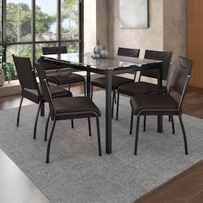 Miniatura Mesa de Jantar Retangular Fabone Alexa com Tampo de Vidro e 6 Cadeiras Dora - Preto Fosco Fosco/Café