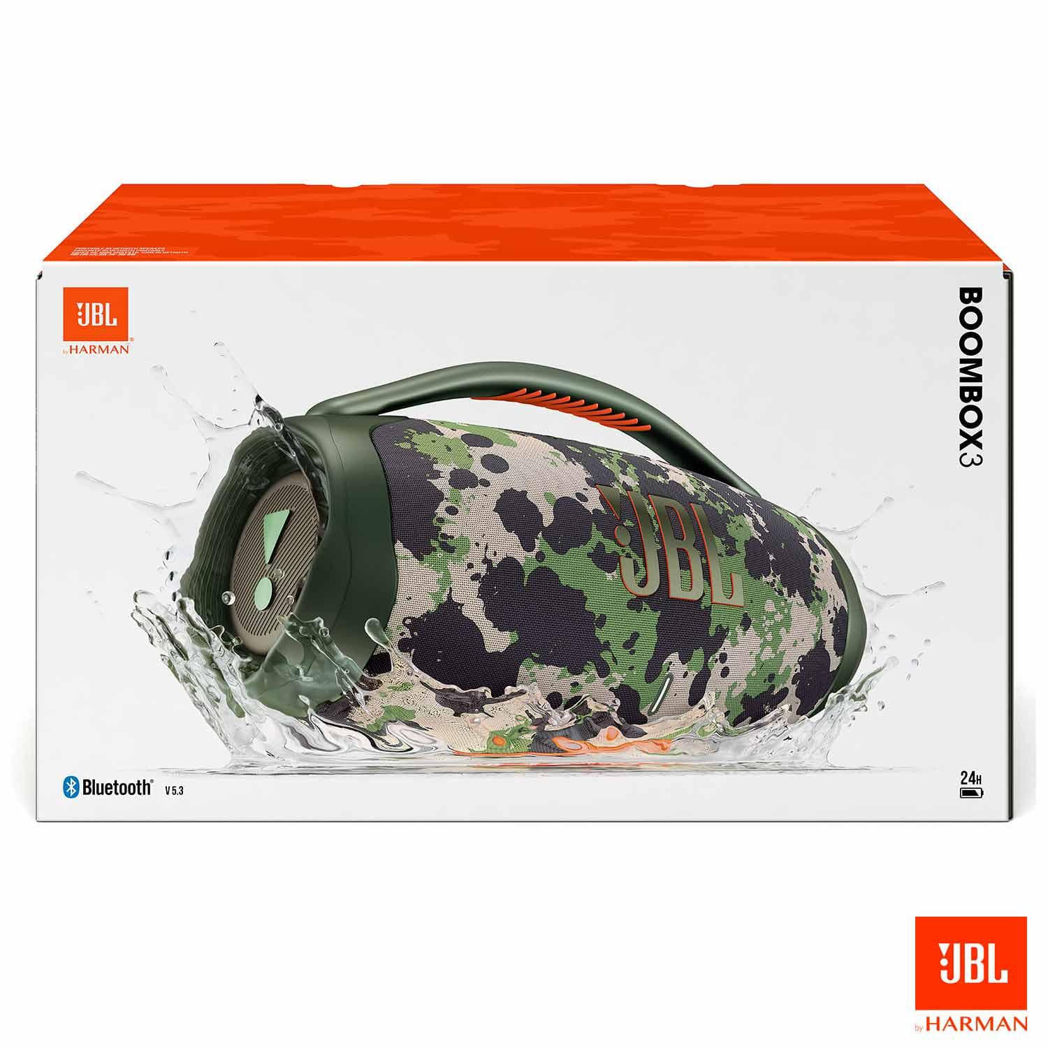 Miniatura Caixa De Som Bluetooth JBL Boombox 3 Camuflada Até 24h de Reprodução IP67 À Prova d´água 130W Bivolt